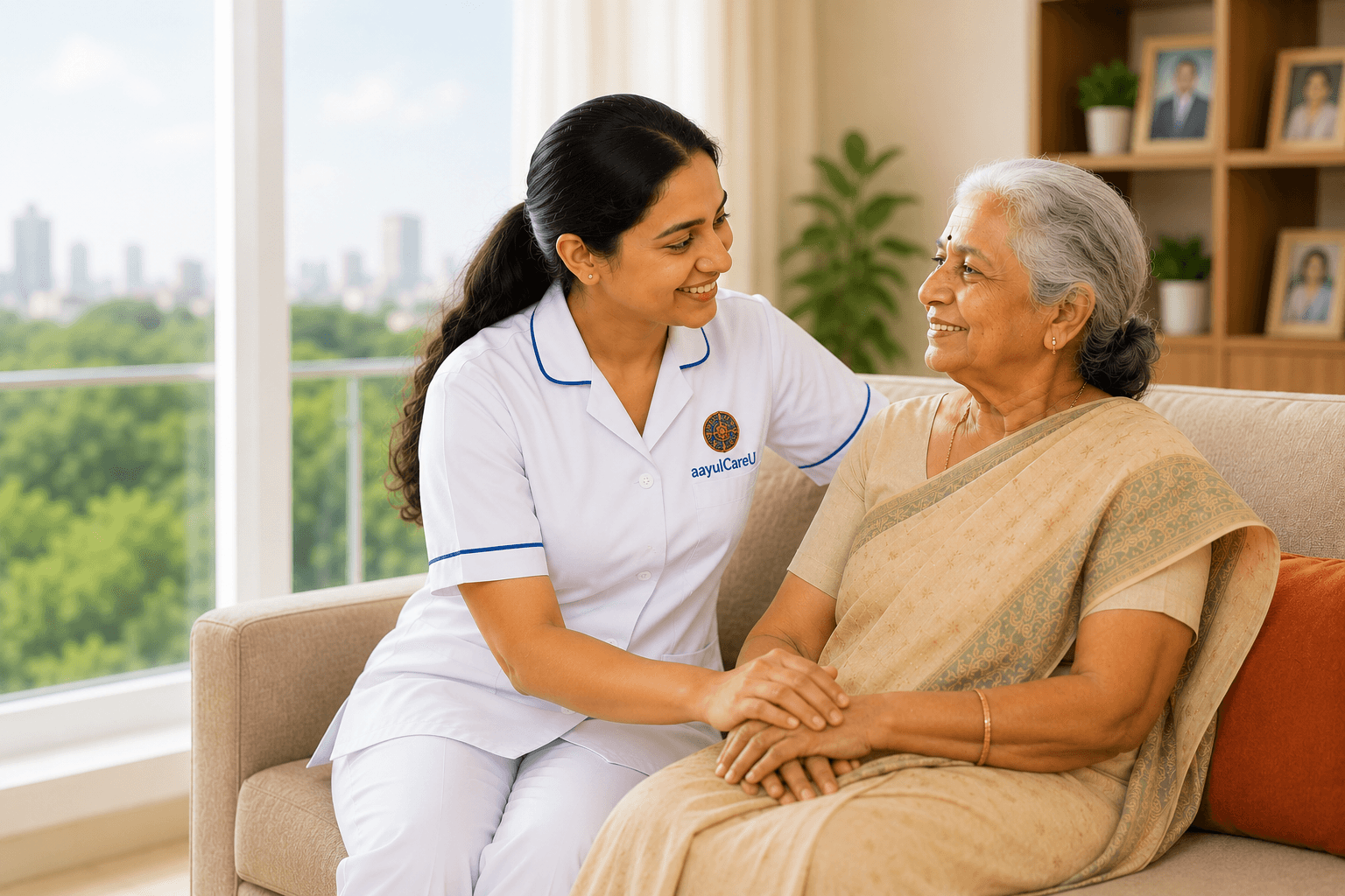 A nurse sitting with an elderly woman in her own living room